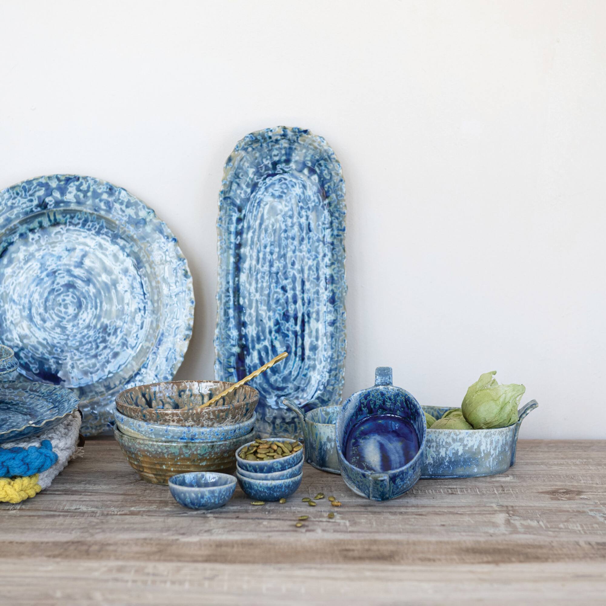 Hello Honey Stoneware Organic Shaped Platter with Reactive Crackle Glaze, Blue, Set of 2